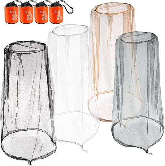wohohoho Mosquito Head Net Mesh with Drawstring, Bug Face Netting for Hats, Mesh Face Shield for Men & Women Beekeeper Net Mask Protection for Midges, Bugs & Gnats (4 Packs, Mix Colors, Updated Size)