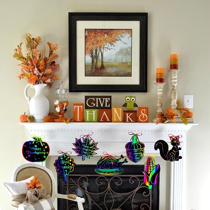 60PCS Thanksgiving Rainbow Scratch Art, Fall Paper Crafts for Kids, Thanksgiving Day Pumpkin Maple Turkey Hanging Ornament Decorations, Art Craft Supplies for Home Tree Classroom Decor