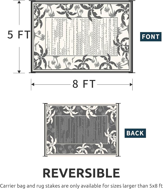 COCOER Outdoor-Rug 5x8 ft Waterproof Reversible Outdoor Plastic Straw Rug RV Indoor Outdoor Carpet Quick Dry Patio Rug Camping Mat for Balcony Backyard Picnic Beach-Grey&Beige