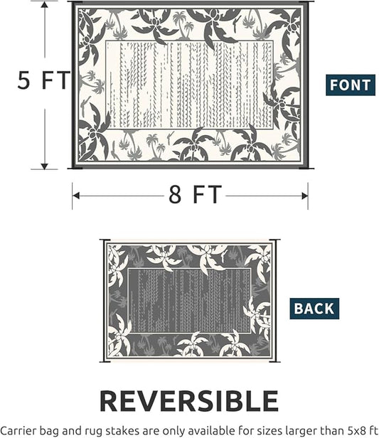 COCOER Outdoor-Rug 5x8 ft Waterproof Reversible Outdoor Plastic Straw Rug RV Indoor Outdoor Carpet Quick Dry Patio Rug Camping Mat for Balcony Backyard Picnic Beach-Grey&Beige