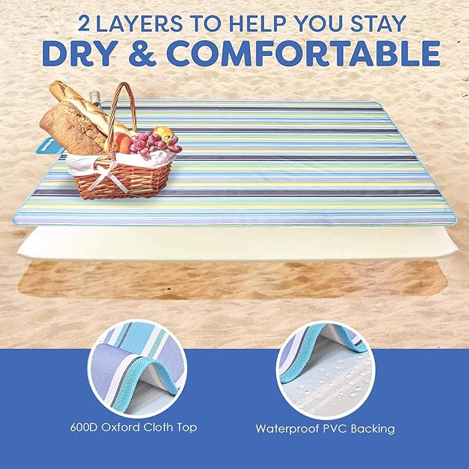 GIVERARE Picnic Beach Blanket, XL Sandfree Waterproof Outdoor Camping Blanket, Quick Drying Oxford Family Mat, Portable Extra Large Picnic Mat for Travel, Hiking, Music Festival, Lawn