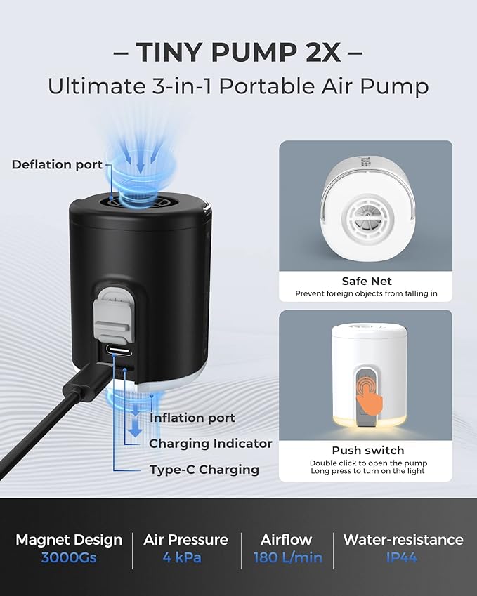 FLEXTAILGEAR Portable Air Pump with Camping Lantern Tiny Pump 2X 4kPa Air Pump for Inflatables Rechargeable Air Mattress Pump with Magnetic Design for Sleeping Pads, Pool Floats, Swimming Rings(White)