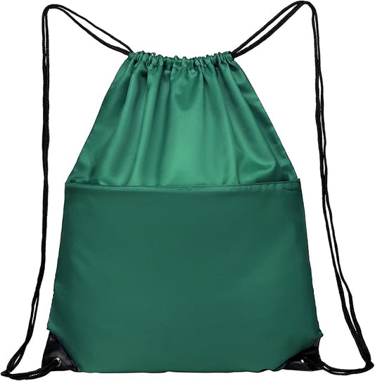 BuyAgain Drawstring Backpack Sports Water Resistant String Bag Sport Gym Sackpack for Women Men Large with Zipper (Hunter Green)