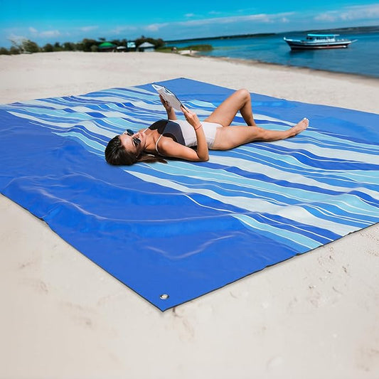 Mooreeke Beach Blanket Extra Large Oversized 9 x 10 ft, Blue Waves Sandproof Waterproof Quick Drying Lightweight Compact Outdoor Blanket Beach Mat for Family Travel Camping Picnic, 1-8 Adults