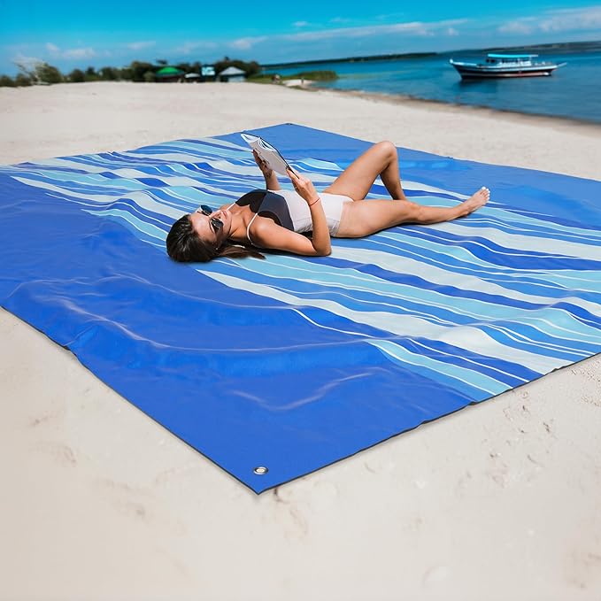 Mooreeke Beach Blanket Extra Large Oversized 9 x 11 ft, Blue Waves Sandproof Waterproof Quick Drying Lightweight Compact Outdoor Blanket Beach Mat for Family Travel Camping Picnic, 1-8 Adults