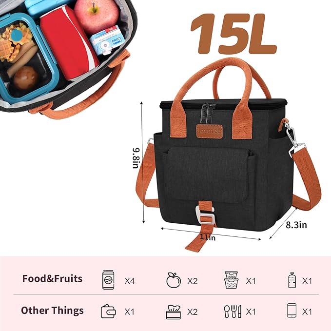 Joymee Insulated Lunch Bag for Women/Men, Waterproof Lunch Box for Office Work Picnic Beach, Reusable Large Leakproof Cooler Tote Bag with Adjustable Shoulder Strap & Side Pocket, Black