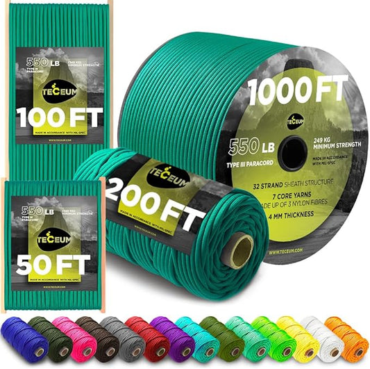 TECEUM Heavy Duty Rope 1000 – 1000ft / 200ft / 100ft / 50ft – 40+ Colors – Utility Rope for Survival & Camping Gear – Nylon String, Camping Rope, para Cord, Utility Nylon Rope, Tent Cord