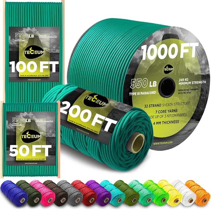 TECEUM Heavy Duty Rope 1000 – 1000ft / 200ft / 100ft / 50ft – 40+ Colors – Utility Rope for Survival & Camping Gear – Nylon String, Camping Rope, para Cord, Utility Nylon Rope, Tent Cord