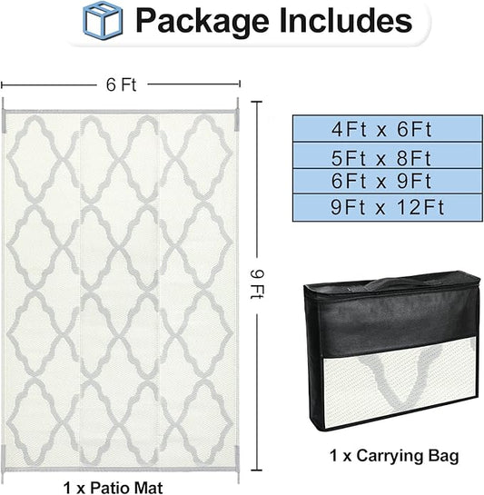 OutdoorLines Outdoor Plastic Area Rugs for Patio 6x9 ft - Reversible Outside Carpet, Stain & UV Resistant RV Mats, Straw Rug for Camping, Deck Garden, Porch and Balcony, Moroccan/Beige & Light Grey