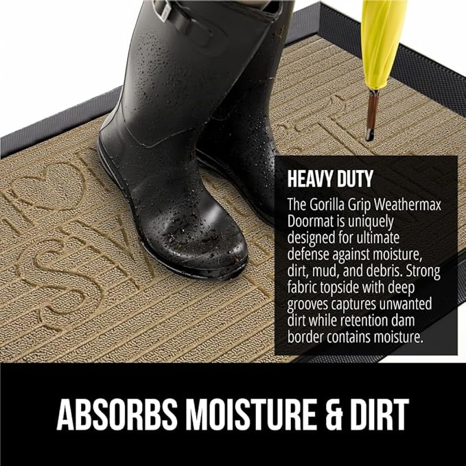 GORILLA GRIP 100% Waterproof All-Season WeatherMax Doormat, 47x35, Durable Natural Rubber, Stain and Fade Resistant, Low Profile, Indoor Outdoor Door Mats, Easy Clean Patio Entry Mat, Home Sweet Home