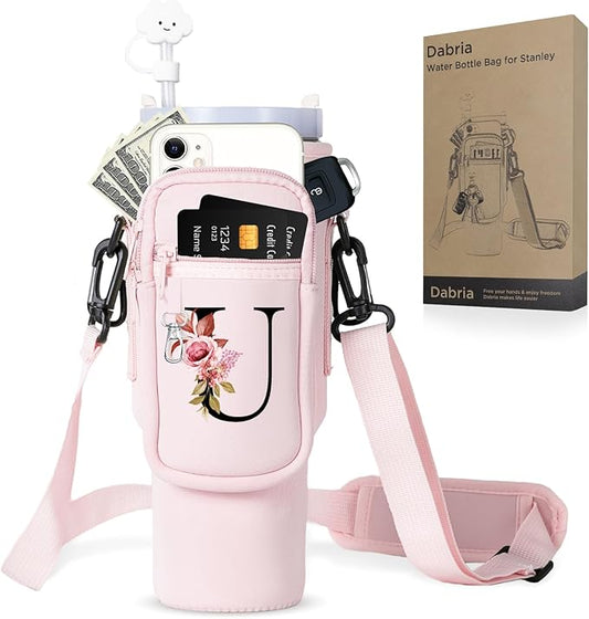 dabria Initial A-Z Water Bottle Bag with Phone Pocket for Stanley 40 oz Tumbler Neoprene Water Bottle Holder Pouch with Adjustable Strap Bollus with Straw Cover & Carabiner for Stanley Cup Accessories