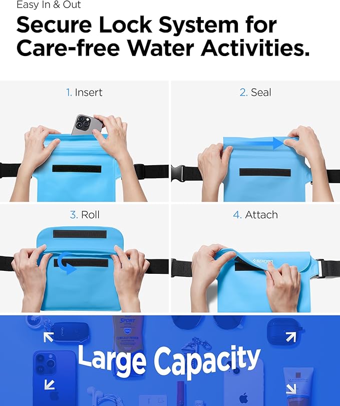 Spigen AquaShield A620 Waterproof Cell Phone Bag, Dry Bag, Fanny Pack with Adjustable Waist Strap for Beach, Swimming, Boating, Fishing, Hiking, etc