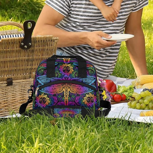 Bohemian Colorful Insulated Lunch Bags for Women Men Ethnic Dragonfly Reusable Lunch Box Shoulder Strap Tote Lunch Bag Cooler Thermal Bag for School Work Travel Office Picnic Girls Boy Adult