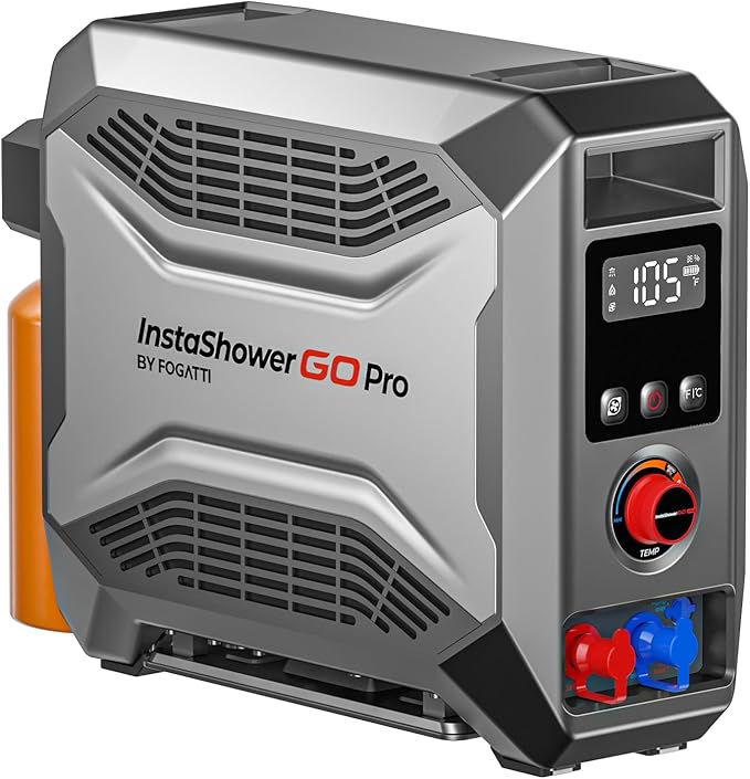 FOGATTI Camping Shower Tent with InstaShower GO Pro Portable Water Heater and Carrying Bag