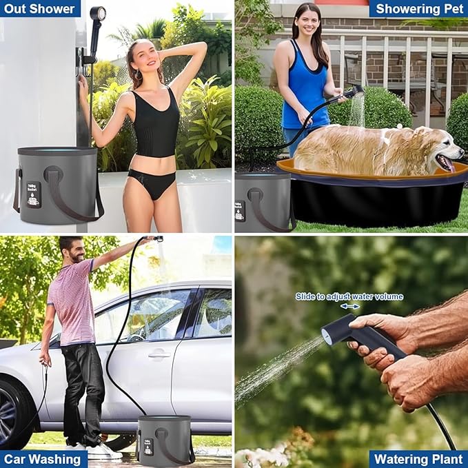 Portable Camping Shower Pump, 5 Speed Mode, 8000mAh Rechargeable Shower Pump, 4 Mode Shower Head and 20 L Foldable Bucket, Camp Shower for Hiking,Travel Beach, Pet Bath, Car Washing