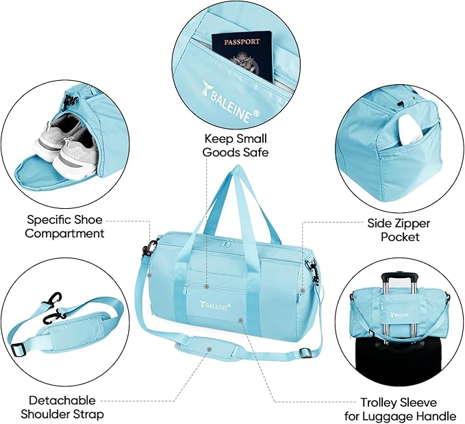 BALEINE Gym Duffel Bag for Women and Men, Small for Sports, Gyms and Weekend Getaway, Waterproof Dufflebag with Shoe and Wet Clothes Compartments, Lightweight Carryon Gymbag (Azure)