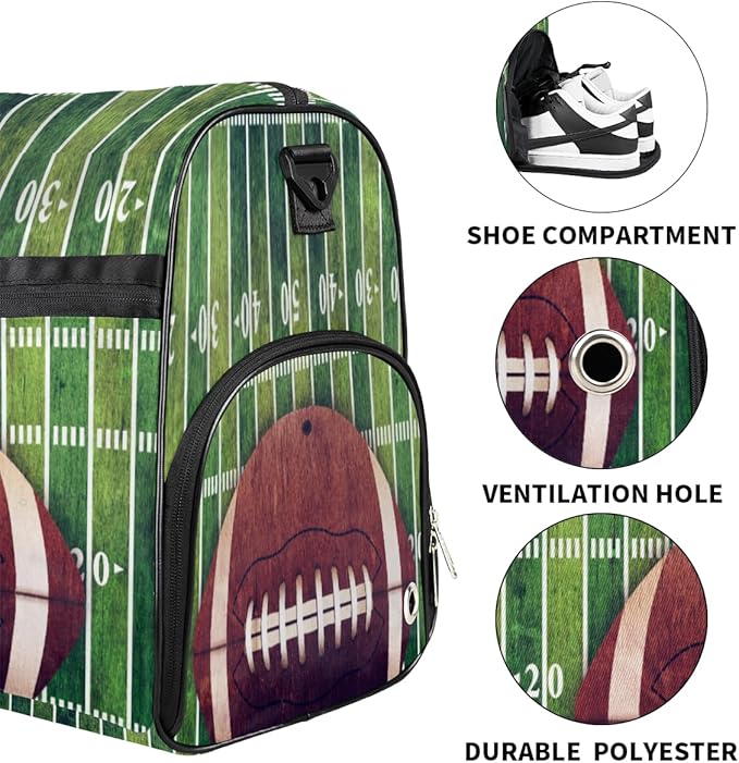 American Football Field And Ball Dry Wet Depart Duffle Overnight Bag with Shoes Compartment & Wet Pockets, Water Resistant Weekender Travel Gym Pouch For Swim Gymnastics Ballet Sleepovers