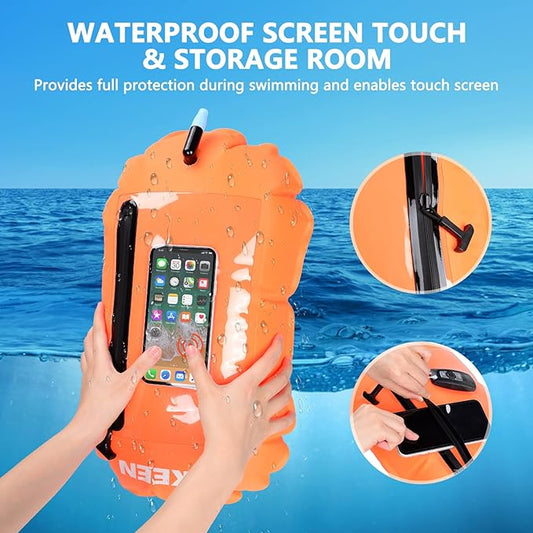 Hikeen Swim Buoy -Waterproof Touchscreen Storage Space, Swim Safety Float w/Adjustable Waist Belt for Open Water Swimmers and Triathletes -Be Bright,Be Safer & Be Seen