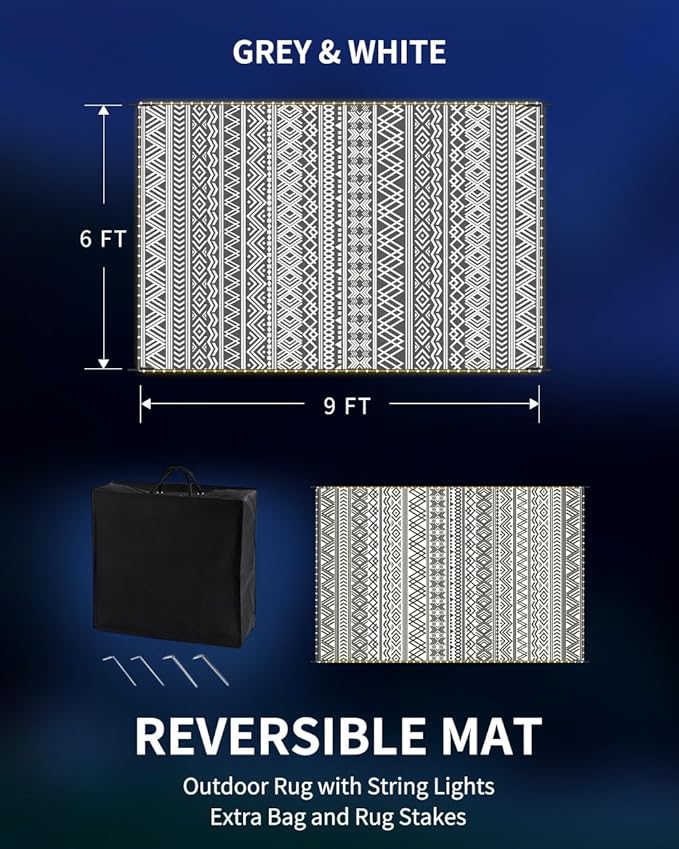 MontVoo-Outdoor Rug Carpet 6x9 ft for Patio RV Camping with Led Strip Lights Waterproof Plastic Straw Rug Reversible Portable Outside Indoor Outdoor Rug Mat for Patio Decor Balcony Picnic-Boho