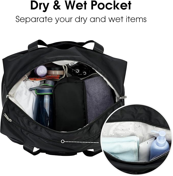 Ceneda 20" Gym Duffel Bag with Wet Pocket Shoes Compartment Portable Overnight Weekender Bag Travel bag Yoga Bag for Women (Black)