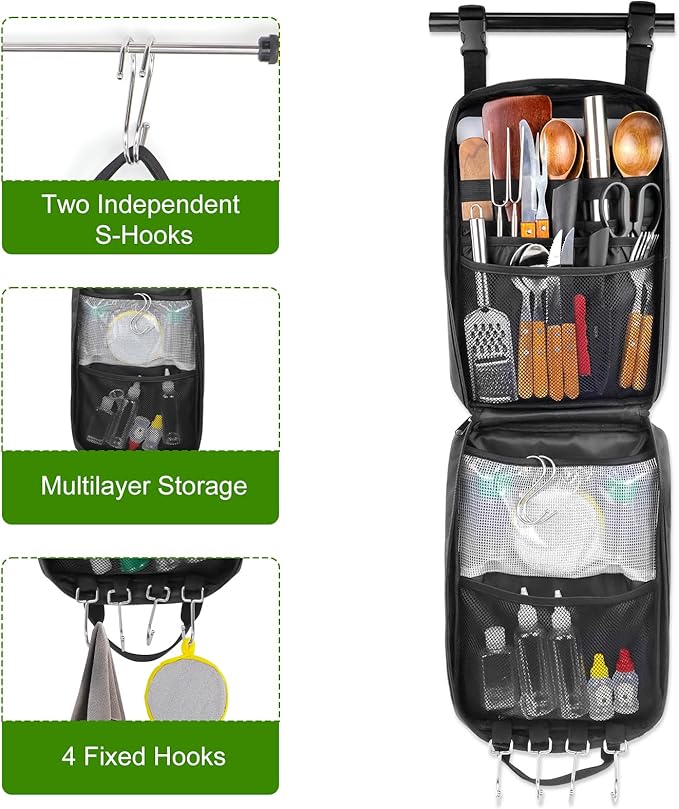 Camping Cooking Utensils Cookware Set for Outdoor - Hanging Organizer + Nonstick Wooden Spatula Kitchen Kit, Camping, RV & Campfire Essentials
