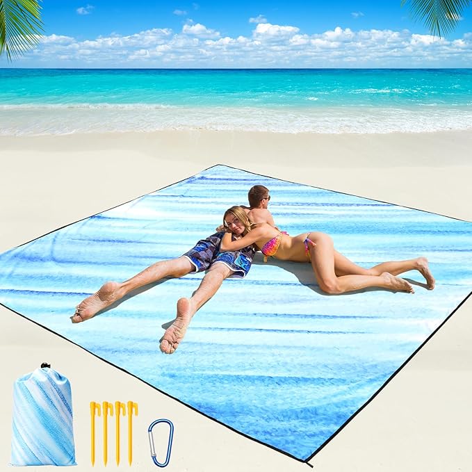 Beach Blanket Waterproof Sandproof Beach Mat 79" X 83" /10'x9'for 2-8 Adults Quick Drying Outdoor Picnic Mat Beach Accessories for Travel, Camping, Hiking