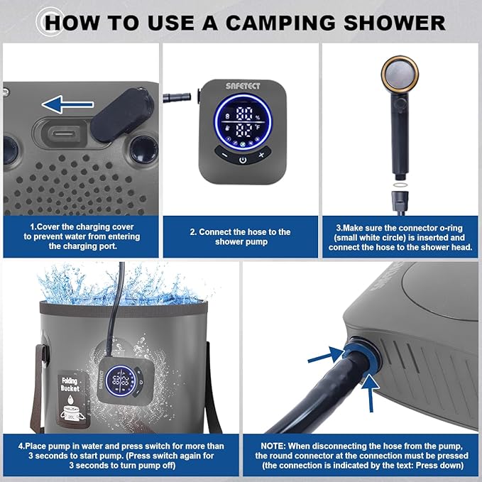 Portable Camping Shower Pump, 5 Speed Mode, 8000mAh Rechargeable Shower Pump, 4 Mode Shower Head and 20 L Foldable Bucket, Camp Shower for Hiking,Travel Beach, Pet Bath, Car Washing