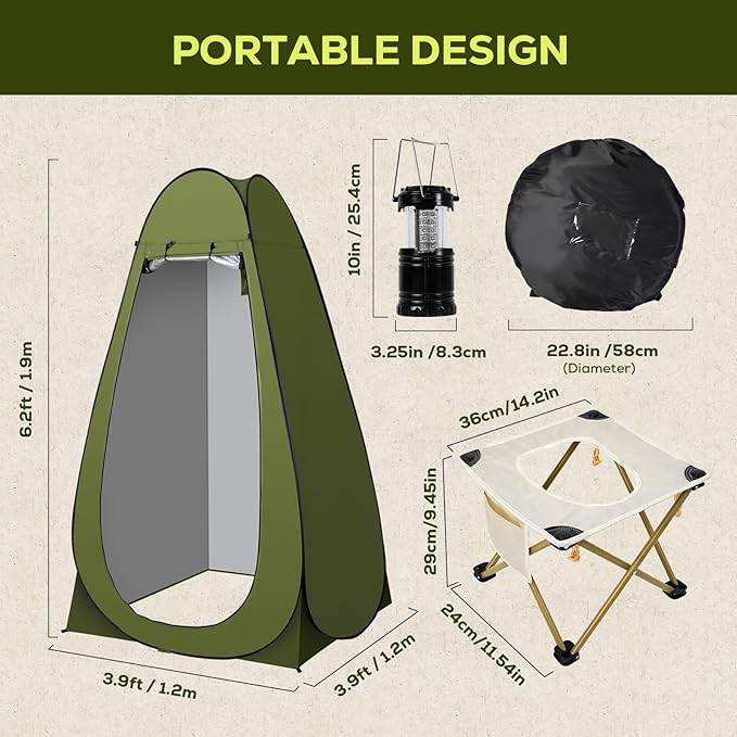 Portable Toilet Pop Up Privacy Tent Set, Outdoor Camping Bathroom Tent Potty for Adults, Stainless Steel Toilet Kit with Night Lantern, Foldable Instant Shower Changing Dressing Room with Carry Bag