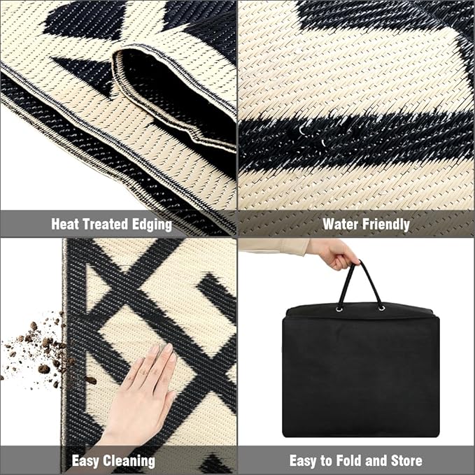 LILIOFFIC Reversible Mats - 5' x 8' Plastic Straw Rug, Outdoor Rug for Patio Clearance Decor, Modern Area Rugs, Floor Mat for Outdoors, RV, Backyard, Deck, Picnic, Beach, Camping, Black & Beige