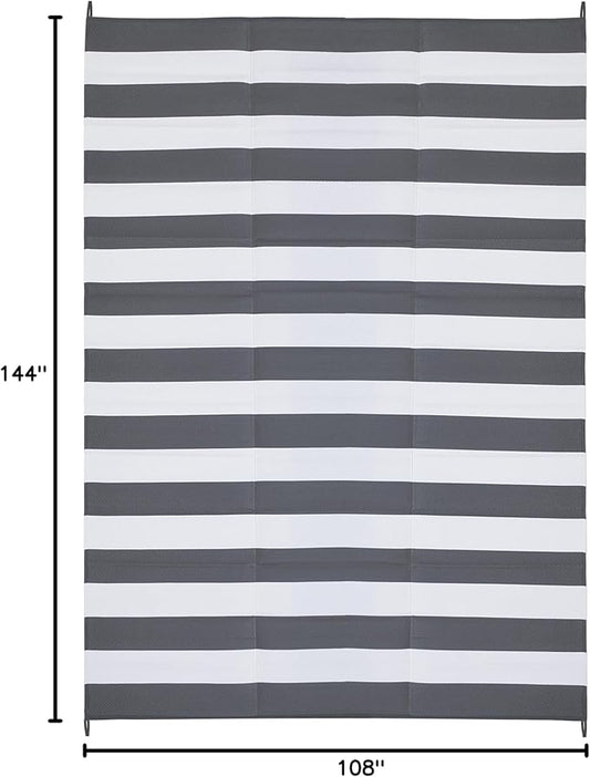 FH Home Outdoor Rug - Waterproof, Fade Resistant, Reversible - Premium Recycled Plastic - Striped - Large Patio, Deck, Sunroom, RV, Camping - Brittany Stripe - Gray & White - 9 x 12 ft Foldable