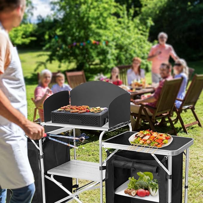 CampLand Folding Cooking Table Outdoor Portable Cook Station Aluminum Camping Kitchen with Storage Organizer, Windscreen, Hooks for BBQ, Party (Black2cabinet)