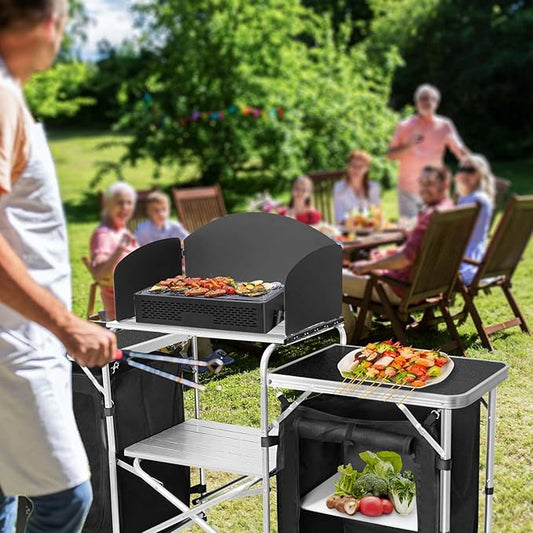 CampLand Folding Cooking Table Outdoor Portable Cook Station Aluminum Camping Kitchen with Storage Organizer, Windscreen, Hooks for BBQ, Party (Black2cabinet)