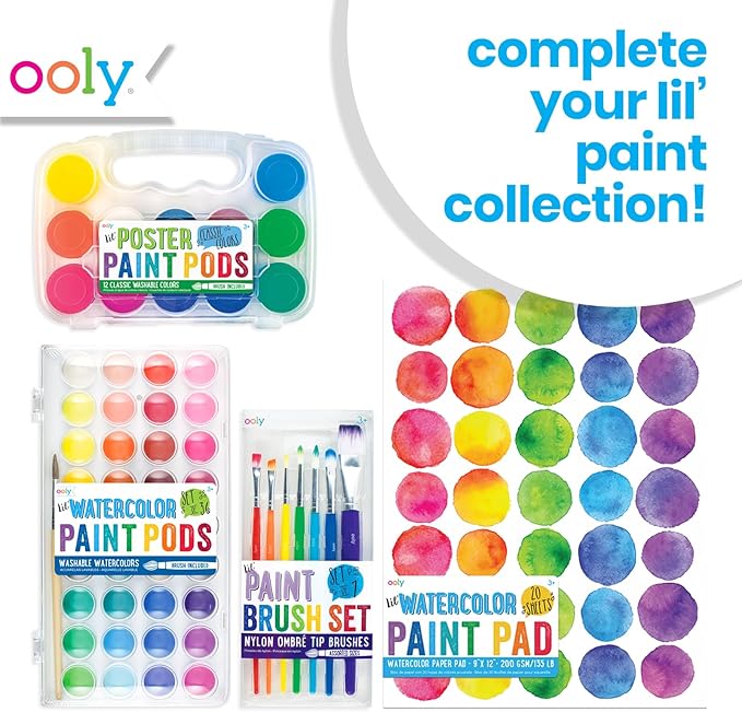 Ooly Lil' Poster Paint Pods, 12 Bright Colors & 1 Brush, Washable Paint for Children, Includes Portable Case, School and Art Supplies for All Ages, Bright & Vibrant Colors
