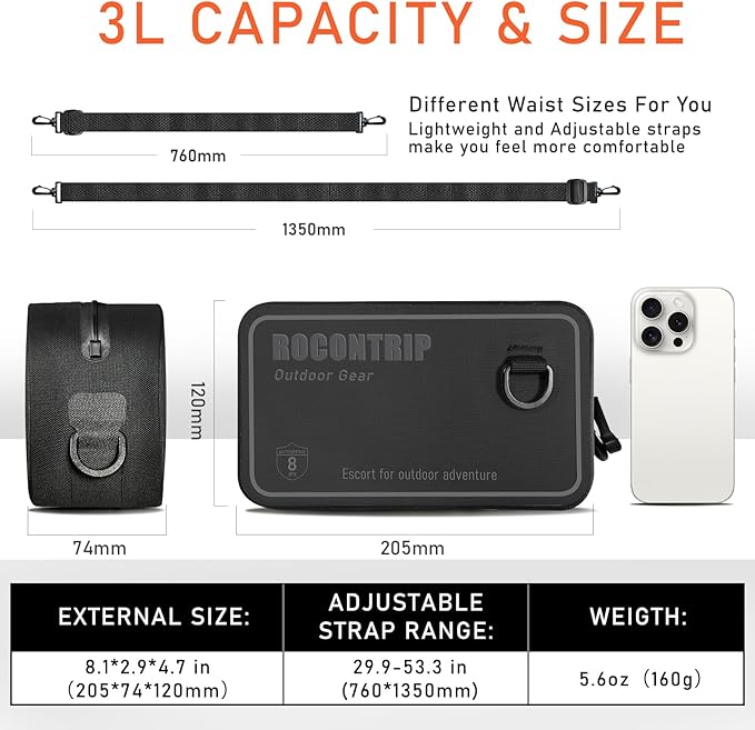 ROCONTRIP 100% Waterproof Dry Bag, Dry Waist Pack with Airtight Zipper Adjustable Strap Sling Bag Lightweight Crossbody Dry Bag for Kayaking Snorkelling and Swimming
