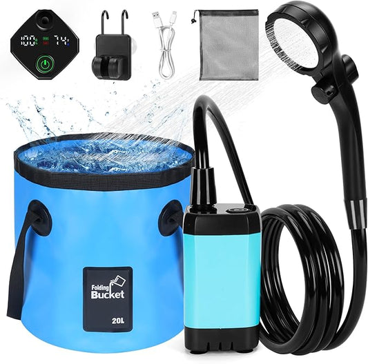 Portable Shower for Camping with 20L / 5.28 Gallons Foldable Bucket, 7800mAh Rechargeable Shower Pump, Outdoor Shower Kit with Digital Display for Hiking, Travel, Car, Pet