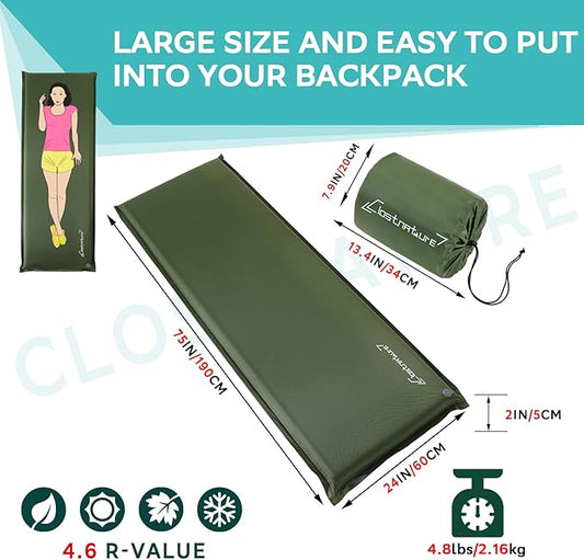 Clostnature Self Inflating Sleeping Pad for Camping - 1.5/2/3 inch Camping Pad, Lightweight Inflatable Sleeping Mat for Backpacking, Compact Ultralight Foam Camping Air Mattress for Tent, Hammock