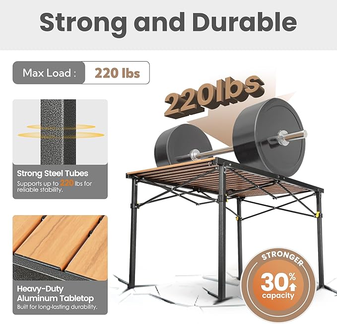 Portable Outdoor Camping Table Large for 2-6 Person - Foldable Camp Table with Aluminum Roll-Up Top & Carry Bag for BBQ, Tailgating, Backyard, 220 Lbs Capacity, Stable & Sturdy (Natural)
