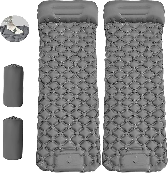 MEI&CO Lightweight Convertible Double Inflatable Camping Pad – 2-in-1 Single Pads Built-in Pillow – Quick Inflate Foot Pump, 660lb Capacity – Perfect for Couples & Family Adventures (2, Gray)