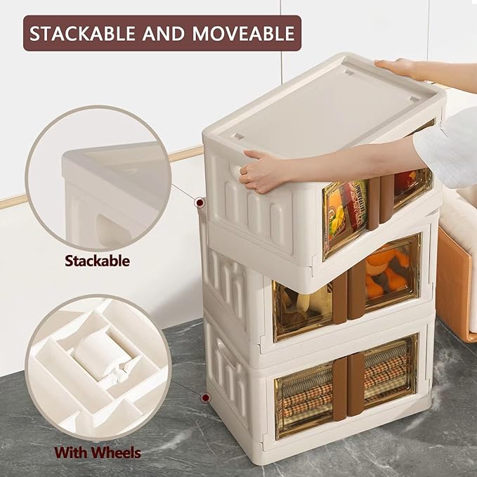 8.4Gal Collapsible Storage Bins with Lids & Wheels - 4 Pack Stackable with Doors, Heavy-Duty Plastic Containers for Home/Office, Milk White