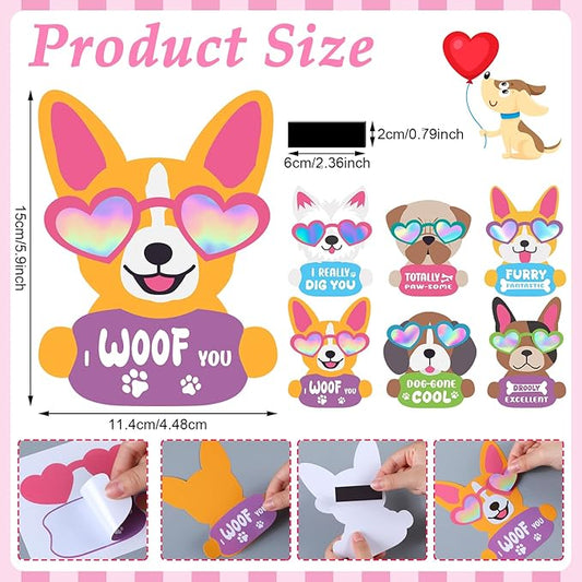 30 Sets Valentine's Day Craft Kit for Kids DIY Valentine Iridescent Cool Dog Magnet Craft Make Your Own Valentine Dog Craft for Valentine's Day Home Classroom Party Favor Game Activities