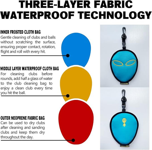 Golf Club Cleaner & Ball Cleaning Bag,Original Three-Layer Fabric Waterproof Technology,Golfer's Ultimate Green Clean Scrub Equipment Accessories,Removable Clips to Support Machine Washing