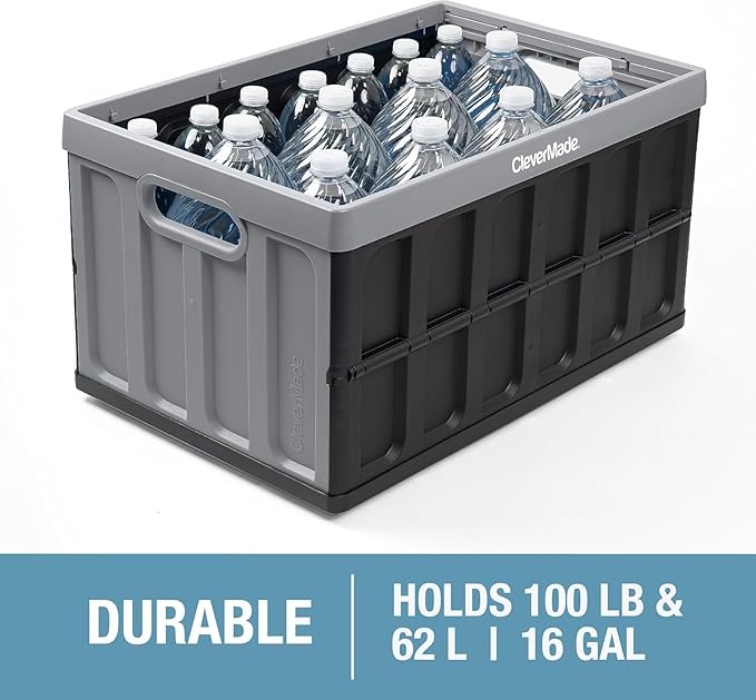 CleverMade Collapsible Storage Bins with Lids- Obsidian 3 Pack 62L - Plastic Containers Stackable Organization Crates Home Closet Space-Saving Durable