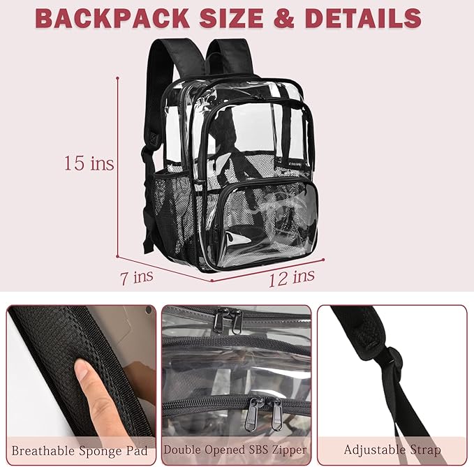 Clear Backpack, 15'' Clear Backpacks for School Heavy Duty See Through Bookbag Multi-pocket PVC Backpack for Men Women, Purple