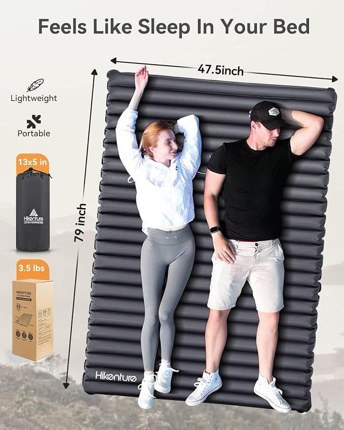 Hikenture Camping Mattress 2 Person Double Sleeping Pad for Camping, 4" Extra-Thick Inflatable & Ultralight Sleeping Air Mat for Backpacking, Hiking (Grey Pumpsack, Semi Double(79 * 47.5 in))