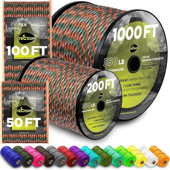 TECEUM Heavy Duty Rope 1000 – 1000ft / 200ft / 100ft / 50ft – 40+ Colors – Utility Rope for Survival & Camping Gear – Nylon String, Camping Rope, para Cord, Utility Nylon Rope, Tent Cord