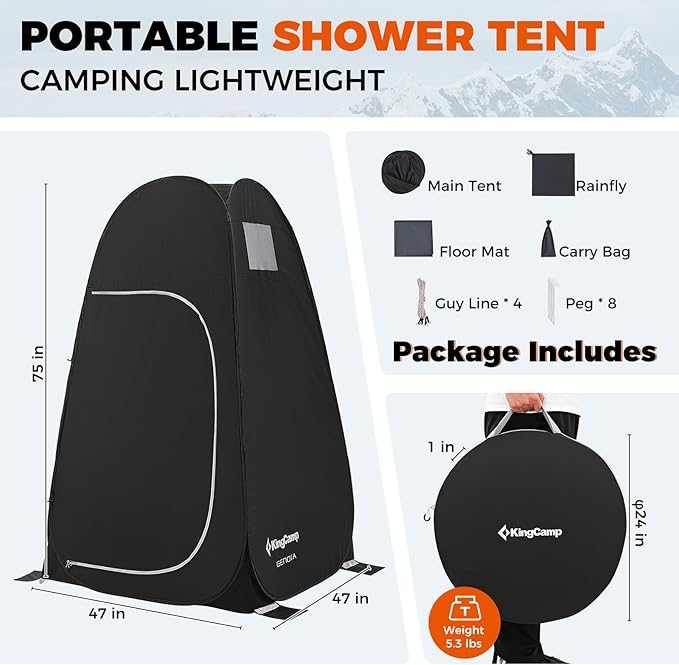 KingCamp Camping Shower Tent, Portable Outdoor Privacy Toilet & Changing Tent Windproof & Waterproof Easy Setup 1 or 2 Room Shelter with Shower Bag for Camping Hiking Beach
