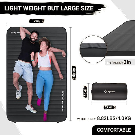 KingCamp Luxury 3D Insulated Double Self Inflating Camping Sleeping Pad, Portable Large Thick Self Inflatable Foam Air Mattress