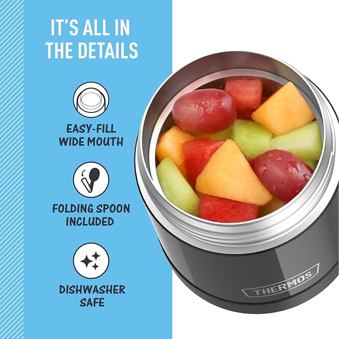THERMOS FUNTAINER Insulated Food Jar, 10 Ounce, Kid Friendly Food Jar with Foldable Spoon, Black