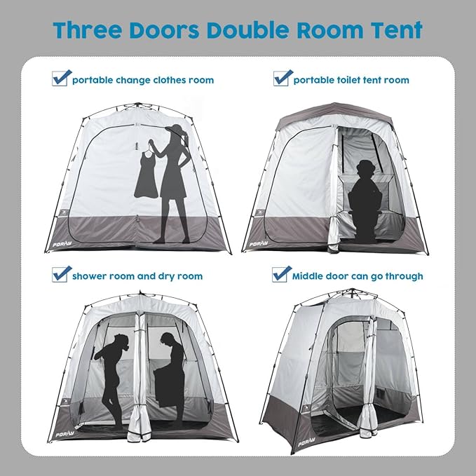 Camping Shower Tent Deluxe Changing Room Easy Set Up Privacy Shelter,Large Toilet Tent 2 Rooms with Floor Drain Design for Beach, Camping,Hiking with Stakes and Ropes for Stability