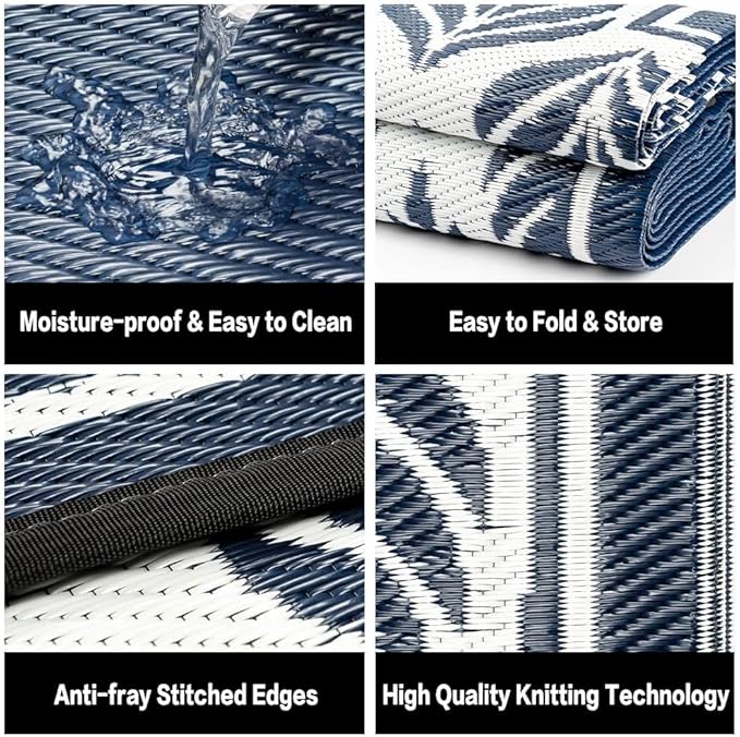 Outdoor Plastic Straw Rug, Waterproof Mat, Washable Large Floor Mat and Rug for Outdoors, RV, Beach, Patio, Camping, Backyard, Deck, Picnic, Outside (5x8ft,Olive-Leaf/Dark Blue&White)